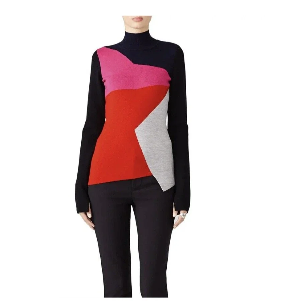 Diane von Furstenberg Colorblock Turtleneck Knit Sweater Women XS Fit Asymmetric